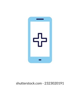 Smartphone with Medical App related vector line icon. Medical cross. Isolated on white background. Vector illustration. Editable stroke