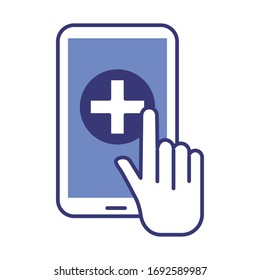 smartphone with medical cross health online line style vector illustration design