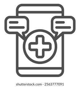 Smartphone with medical message line icon, emergency service concept. Vector graphics. Warning messages and plus cross sign on white background, outline style icon for mobile or web design