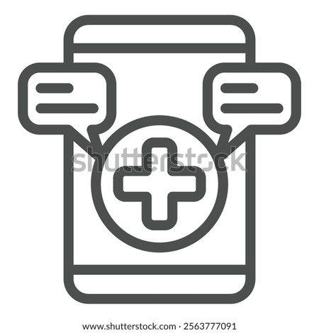 Smartphone with medical message line icon, emergency service concept. Vector graphics. Warning messages and plus cross sign on white background, outline style icon for mobile or web design