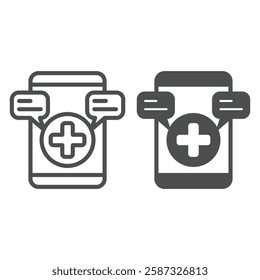 Smartphone with medical message line and solid icon, emergency service concept. Vector graphics. Warning messages and plus cross sign on white background, outline style icon for mobile or web design