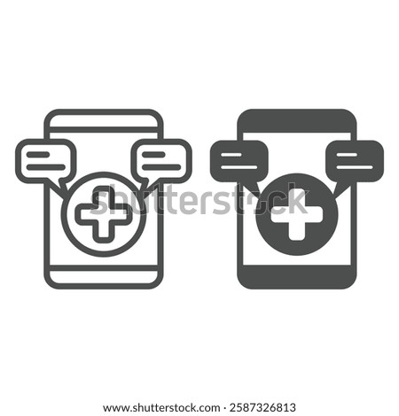 Smartphone with medical message line and solid icon, emergency service concept. Vector graphics. Warning messages and plus cross sign on white background, outline style icon for mobile or web design