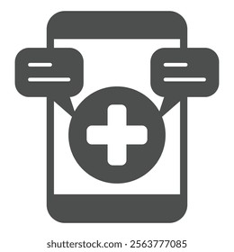 Smartphone with medical message solid icon, emergency service concept. Vector graphics. Warning messages and plus cross sign on white background, glyph style icon for mobile or web design