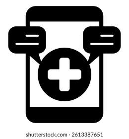 Smartphone with medical message solid icon, emergency service concept. Vector graphics. Warning messages and cross, gadget sign on white background, glyph style mobile or design