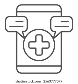 Smartphone with medical message thin line icon, emergency service concept. Vector graphics. Warning messages and plus cross sign on white background, outline style icon for mobile or web design