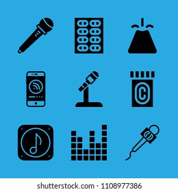 smartphone, medicine, microphone, music file, volcano, pills, microphone, microphone and sound bars vector icon. Simple icons set