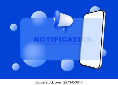 Smartphone with megaphone 3d shape glassmorphism style advertisement vector template. Device app advertising background.