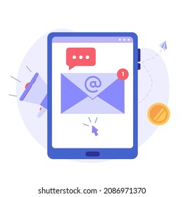 Smartphone with megaphone. Business announcment with loudspeaker. Direct marketing. Concept of promotion, e-mail marketing, pr, email campaign. Vector illustration in flat for web banners