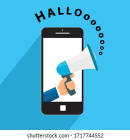 Teléfono inteligente con megáfono para la comunicación. Ilustración del vector