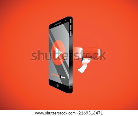 A smartphone and a megaphone in a conceptual composition. Concept of Information war, war in the media space. Cyber warfare, DDoS attack, fakes, hackers and cybercrime, phishing, propaganda.