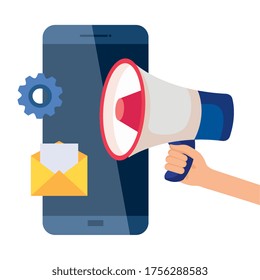 smartphone megaphone envelope and gear design, Digital marketing and ecommerce theme Vector illustration