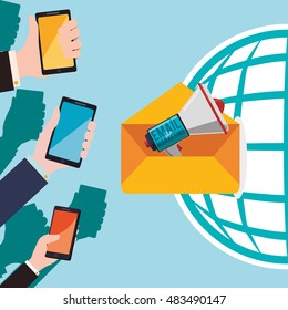 Smartphone megaphone and envelope icon. Email marketing message communication and media theme. Colorful design. Vector illustration