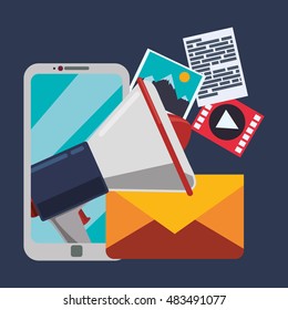 Smartphone megaphone and envelope icon. Email marketing message communication and media theme. Colorful design. Vector illustration