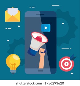 smartphone with megaphone and icon set design, Digital marketing and ecommerce theme Vector illustration