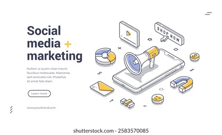 Smartphone with a megaphone and marketing icons like pie charts, call-to-action buttons, and magnets, symbolizing digital advertising. Isometric web banner, landing page template