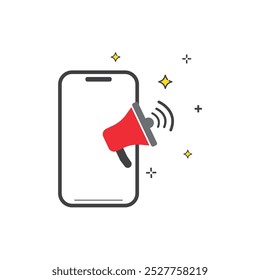 Smartphone with megaphone, radiating sound waves and stars. 