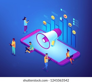Smartphone with megaphone and social media icons diagram. Social media marketing, internet marketing, social networking marketing concept. Ultraviolet neon vector isometric 3D illustration.