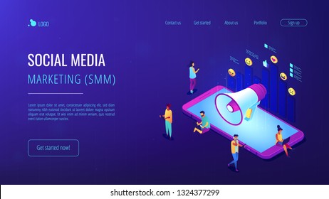 Smartphone with megaphone and social media icons diagram. Social media marketing, internet marketing, social networking marketing concept. Isometric 3D website app landing web page template