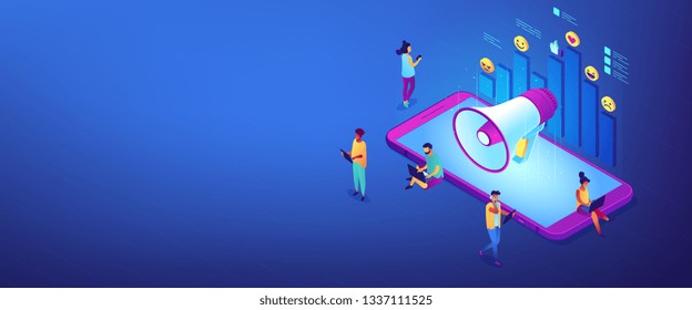 Smartphone with megaphone and social media icons diagram. Social media marketing, internet marketing, social networking marketing concept. Isometric 3D banner header template copy space.