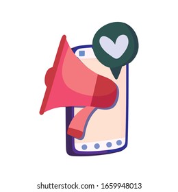 smartphone with megaphone and speech bubble with heart icon over white background, vector illustration