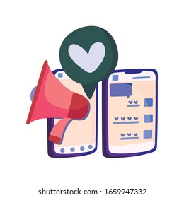 smartphone with megaphone and speech bubble icon over white background, vector illustration