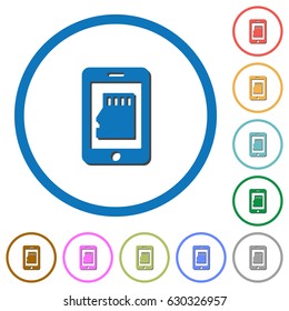 Smartphone memory card flat color vector icons with shadows in round outlines on white background