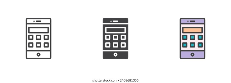 Smartphone menu different style icon set. Line, glyph and filled outline colorful version, outline and filled vector sign. Symbol, logo illustration. Vector graphics