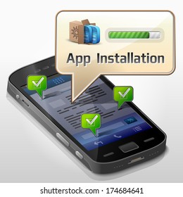 Smartphone with message bubble about app installation. 
