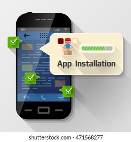 Smartphone with message bubble about app installation. Dialog box pop up over screen of phone. Vector image 