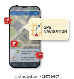 Smartphone con burbuja de mensajes sobre navegación gps. Cuadro de diálogo aparecer sobre la pantalla del teléfono