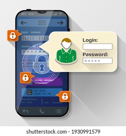 Smartphone with message bubble about login. Dialog box pop up over screen of phone