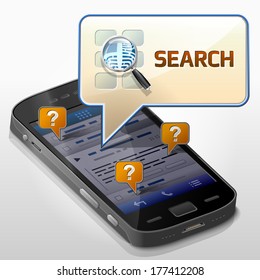 Smartphone with message bubble about search. Dialog box pop up over screen of phone. Vector illustration about smartphone, communication, mobile technology, notification, application prompting, etc