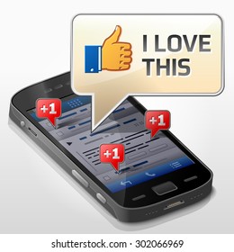 Smartphone with message bubble about thumb up (love it). Dialog box pop up over screen of phone. Vector image