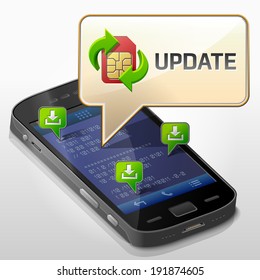 Smartphone with message bubble about update. Dialog box pop up over screen of phone. Vector illustration about smartphone, communication, mobile technology, notification, application prompting, etc
