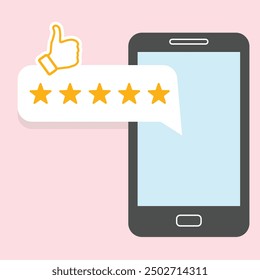 Smartphone and message bubble with thumb up and rating stars. Simple vector illustration in flat style. Feedback concept