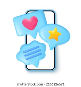 Smartphone with message bubbles 3d vector. Love message. Social media like or comment, star review, website feedback. Website or mobile application comment.