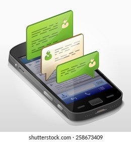 Smartphone with message bubbles of conversation. Dialog boxes pop up over screen of phone. Qualitative vector illustration about smartphone, chat, mobile technology, conversation, text messaging, etc