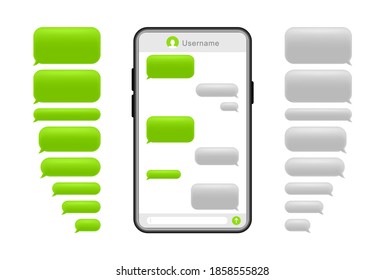 Smartphone with message bubbles. Speech bubbles for chat. Phone chat screen and text sms. Messenger interface. Vector.