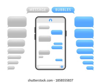 Smartphone with message bubbles. Speech bubbles for chat. Phone chat screen and text sms. Messenger interface. Vector.