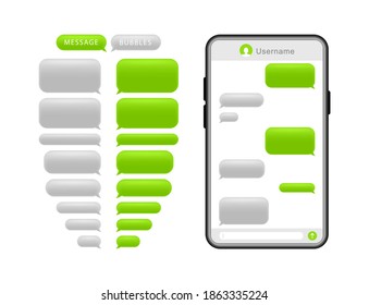 Smartphone with message bubbles. Speech bubbles for chat. Phone chat screen and text sms. Messenger interface. Vector.