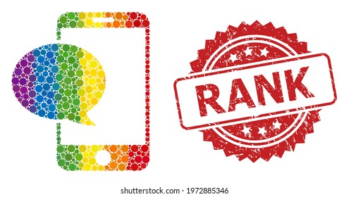 Smartphone message collage icon of spheric dots in various sizes and LGBT color tones, and Rank grunge rosette seal. A dotted LGBT-colored Smartphone message for lesbians, gays, transgenders,