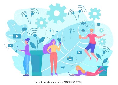 Smartphone message concept, vector illustration, flat happy man woman character use phone for online talk in mobile social media.