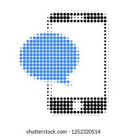 Smartphone message halftone dotted icon. Halftone pattern contains circle elements. Vector illustration of smartphone message icon on a white background.