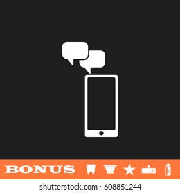 Smartphone Message icon flat. White pictogram on black background. Vector illustration symbol and bonus button tooth, vase, star, mirror, bottle