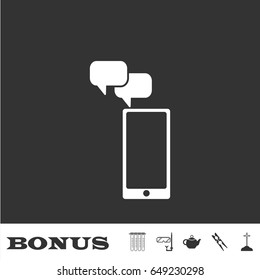 Smartphone Message icon flat. White pictogram on black background. Vector illustration symbol and bonus icons
