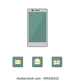 Smartphone and message icons. Flat style illustration of open, closed and torn envelope.