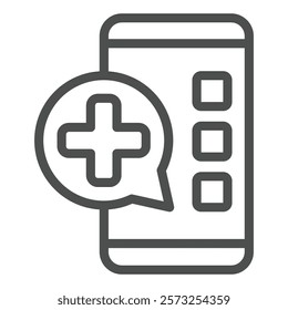 Smartphone message with medical cross line icon, human rescue concept. Vector graphics. Phone with plus bubble sign on white background, outline style icon for mobile or web design