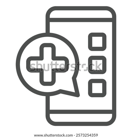 Smartphone message with medical cross line icon, human rescue concept. Vector graphics. Phone with plus bubble sign on white background, outline style icon for mobile or web design