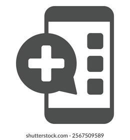 Smartphone message with medical cross solid icon, human rescue concept. Vector graphics. Phone with plus bubble sign on white background, glyph style icon for mobile or web design