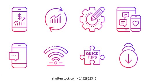 Smartphone message, Mobile finance and Update data line icons set. Social media, Settings gear and Quick tips signs. Wifi, Scroll down symbols. Cellphone chat, Phone accounting. Vector